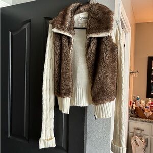 Ci Sono Brown Faux Fur Vest with Cream Knit Sweater